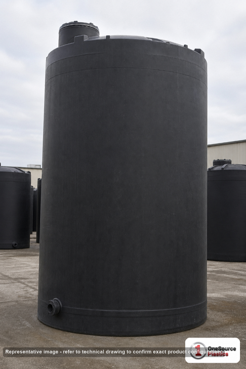Snyder Industries 8900 Gallon Black Vertical Storage Tank. Polyethylene; Black; dimensions 194.0in H x 120.0in W x 120.0in L; 1900.0 lb empty; 1.5 specific gravity rating; fittings: 1 Outlet , 1 Manway / Lid; max temp 120 deg  F / 48 deg  C; 3 Year Warranty. Manufacturer part number 7400000C37-BLACK. Sold by OneSource Plastics (https://www.onesourceplastics.com).