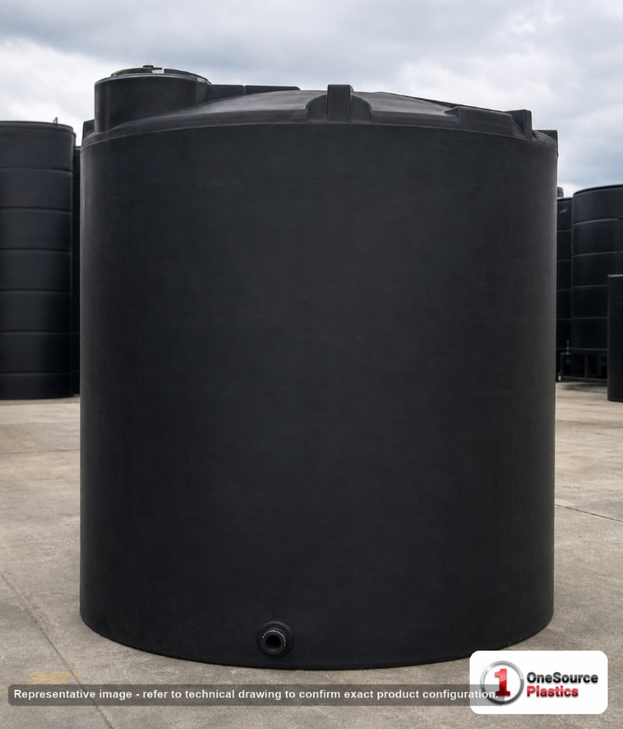 Snyder Industries 6200 Gallon Black Vertical Storage Tank. Polyethylene; Black; dimensions 140.0in H x 120.0in W x 120.0in L; 1350.0 lb empty; 1.5 specific gravity rating; fittings: 1 Outlet , 1 Manway / Lid; max temp 120 deg  F / 48 deg  C; 3 Year Warranty. Manufacturer part number 8220000C37-BLACK. Sold by OneSource Plastics (https://www.onesourceplastics.com).
