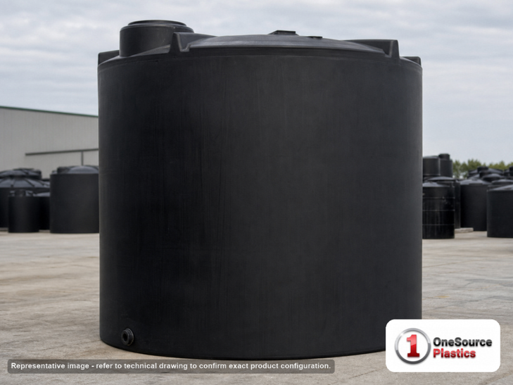 Snyder Industries 6000 Gallon Black Vertical Storage Tank. Polyethylene; Black; dimensions 132.0in H x 120.0in W x 120.0in L; 1050.0 lb empty; 1.5 specific gravity rating; fittings: 1 Outlet , 1 Manway / Lid; max temp 120 deg  F / 48 deg  C; 3 Year Warranty. Manufacturer part number 7000000C37-BLACK. Sold by OneSource Plastics (https://www.onesourceplastics.com).