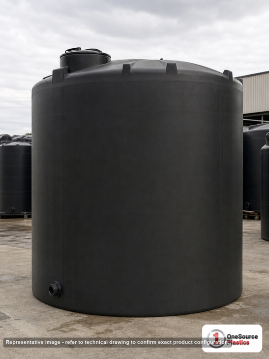 Snyder Industries 4500 Gallon Black Vertical Storage Tank. Polyethylene; Black; dimensions 142.0in H x 102.0in W x 102.0in L; 900.0 lb empty; 1.5 specific gravity rating; fittings: 1 Outlet , 1 Manway / Lid; max temp 120 deg  F / 48 deg  C; 3 Year Warranty. Manufacturer part number 7420000C37-BLACK. Sold by OneSource Plastics (https://www.onesourceplastics.com).