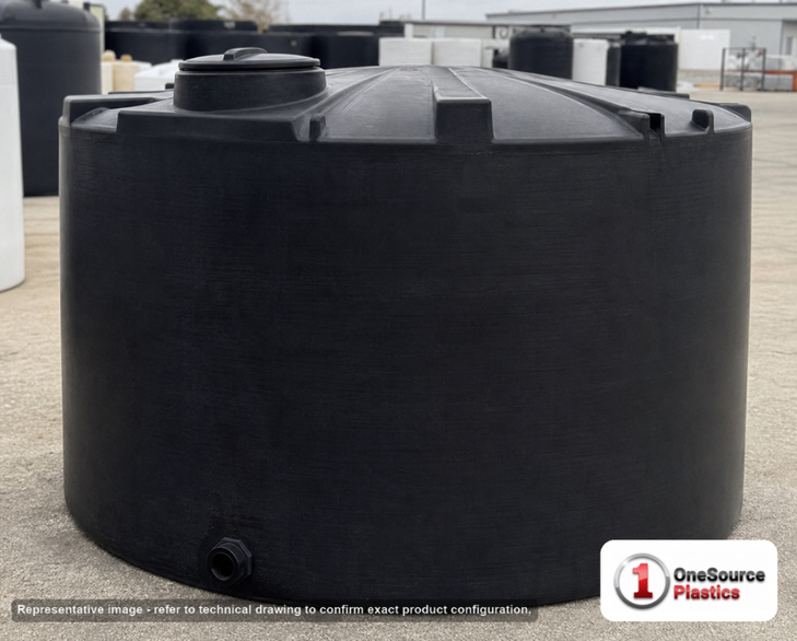 Snyder Industries 4300 Gallon Black Vertical Storage Tank. Polyethylene; Black; dimensions 104.0in H x 120.0in W x 120.0in L; 850.0 lb empty; 1.5 specific gravity rating; fittings: 1 Outlet , 1 Manway / Lid; max temp 120 deg  F / 48 deg  C; 3 Year Warranty. Manufacturer part number 7421100C37-BLACK. Sold by OneSource Plastics (https://www.onesourceplastics.com).