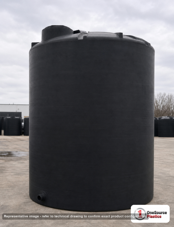 Snyder Industries 3650 Gallon Black Vertical Storage Tank. Polyethylene; Black; dimensions 126.0in H x 102.0in W x 102.0in L; 750.0 lb empty; 1.5 specific gravity rating; fittings: 1 Outlet , 1 Manway / Lid; max temp 120 deg  F / 48 deg  C; 3 Year Warranty. Manufacturer part number 8190000C37-BLACK. Sold by OneSource Plastics (https://www.onesourceplastics.com).