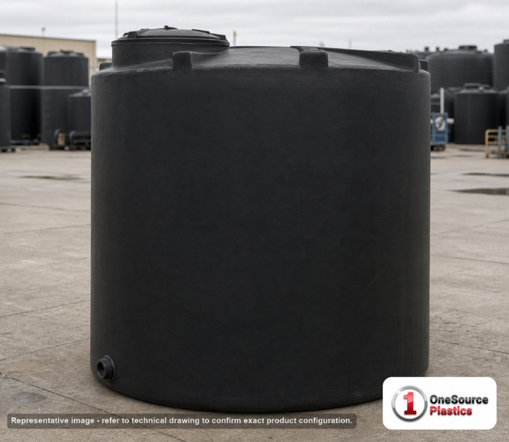 Snyder Industries 3000 Gallon Black Vertical Storage Tank. Polyethylene; Black; 96" H x 102" W x 102" L; fittings: 1 Outlet