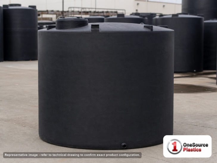 Snyder Industries 3000 Gallon Black Vertical Storage Tank. Polyethylene; Black; dimensions 111.0in H x 96.0in W x 96.0in L; 600.0 lb empty; 1.5 specific gravity rating; fittings: 1 Outlet , 1 Manway / Lid; max temp 120 deg  F / 48 deg  C; 3 Year Warranty. Manufacturer part number 5130300C37-BLACK. Sold by OneSource Plastics (https://www.onesourceplastics.com).
