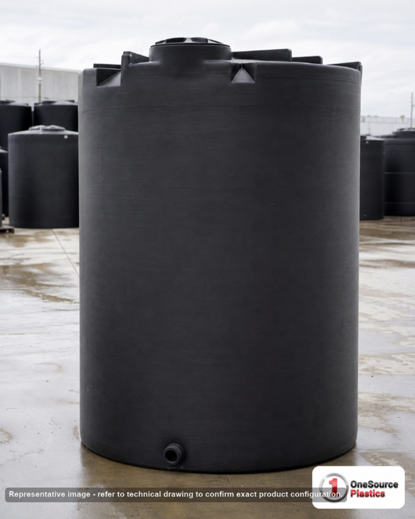 Snyder Industries 3000 Gallon Black Vertical Storage Tank. Polyethylene; Black; dimensions 127.0in H x 90.0in W x 90.0in L; 575.0 lb empty; 1.5 specific gravity rating; fittings: 1 Outlet , 1 Manway / Lid; max temp 120 deg  F / 48 deg  C; 3 Year Warranty. Manufacturer part number 5130000C37-BLACK. Sold by OneSource Plastics (https://www.onesourceplastics.com).