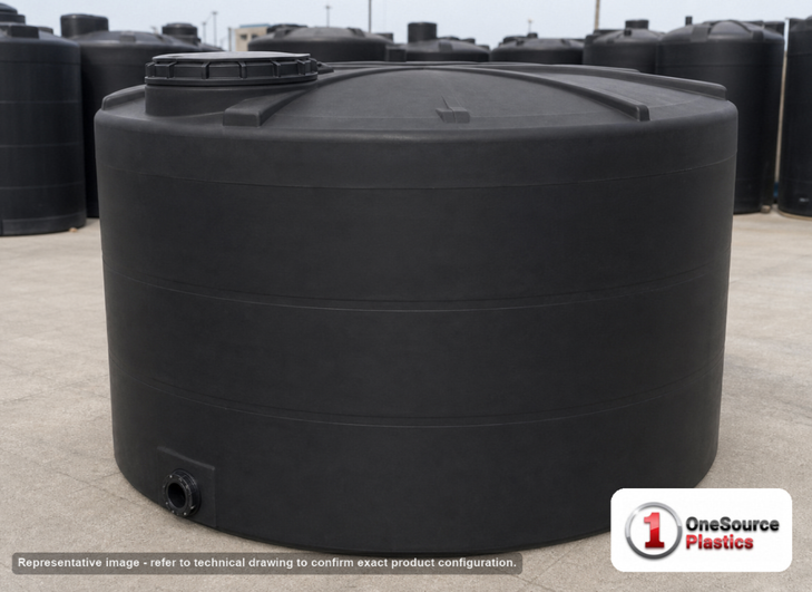 Snyder Industries 2650 Gallon Black Vertical Storage Tank. Polyethylene; Black; dimensions 97.0in H x 102.0in W x 102.0in L; 510.0 lb empty; 1.5 specific gravity rating; fittings: 1 Outlet , 1 Manway / Lid; max temp 120 deg  F / 48 deg  C; 3 Year Warranty. Manufacturer part number 8390000C37-BLACK. Sold by OneSource Plastics (https://www.onesourceplastics.com).