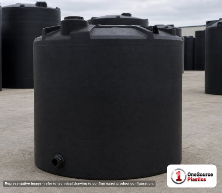 Snyder Industries 2500 Gallon Black Vertical Storage Tank. Polyethylene; Black; dimensions 98.0in H x 96.0in W x 96.0in L; 510.0 lb empty; 1.5 specific gravity rating; fittings: 1 Outlet , 1 Manway / Lid; max temp 120 deg  F / 48 deg  C; 3 Year Warranty. Manufacturer part number 5090300C37-BLACK. Sold by OneSource Plastics (https://www.onesourceplastics.com).