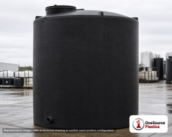 Snyder Industries 2500 Gallon Black Vertical Storage Tank. Polyethylene; Black; dimensions 107.0in H x 90.0in W x 90.0in L; 450.0 lb empty; 1.5 specific gravity rating; fittings: 1 Outlet , 1 Manway / Lid; max temp 120 deg  F / 48 deg  C; 3 Year Warranty. Manufacturer part number 8140000C37-BLACK. Sold by OneSource Plastics (https://www.onesourceplastics.com).