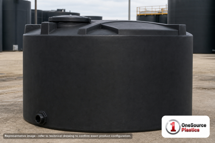 Snyder Industries 2000 Gallon Black Vertical Storage Tank. Polyethylene; Black; dimensions 84.0in H x 96.0in W x 96.0in L; 420.0 lb empty; 1.5 specific gravity rating; fittings: 1 Outlet , 1 Manway / Lid; max temp 120 deg  F / 48 deg  C; 3 Year Warranty. Manufacturer part number 5050300C37-BLACK. Sold by OneSource Plastics (https://www.onesourceplastics.com).