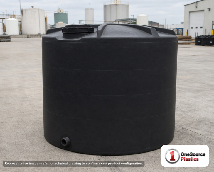 Snyder Industries 2000 Gallon Black Vertical Storage Tank. Polyethylene; Black; dimensions 88.0in H x 90.0in W x 90.0in L; 400.0 lb empty; 1.5 specific gravity rating; fittings: 1 Outlet , 1 Manway / Lid; max temp 120 deg  F / 48 deg  C; 3 Year Warranty. Manufacturer part number 8130000C37-BLACK. Sold by OneSource Plastics (https://www.onesourceplastics.com).