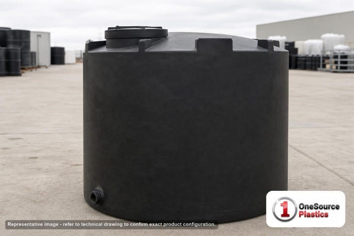 Snyder Industries 2000 Gallon Black Vertical Storage Tank. Polyethylene; Black; 88" H x 90" W x 90" L; fittings: 1 Outlet, 1