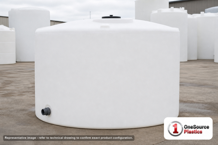 Snyder Industries 2650 Gallon Heavy Duty Vertical Storage Tank. Polyethylene; Natural White; dimensions 97.0in H x 102.0in W x 102.0in L; 510.0 lb empty; 1.9 specific gravity rating; fittings: 1 Outlet , 1 Manway / Lid; max temp 120 deg  F / 48 deg  C; 3 Year Warranty. Manufacturer part number 8390000C26. Sold by OneSource Plastics (https://www.onesourceplastics.com).