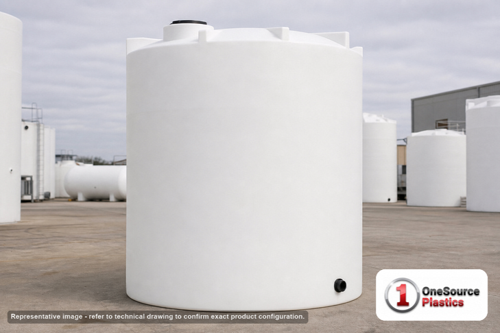Snyder Industries 3650 Gallon Heavy Duty Vertical Storage Tank. Polyethylene; Natural White; dimensions 126.0in H x 102.0in W x 102.0in L; 790.0 lb empty; 1.9 specific gravity rating; fittings: 1 Outlet , 1 Manway / Lid; max temp 120 deg  F / 48 deg  C; 3 Year Warranty. Manufacturer part number 8190000C26. Sold by OneSource Plastics (https://www.onesourceplastics.com).
