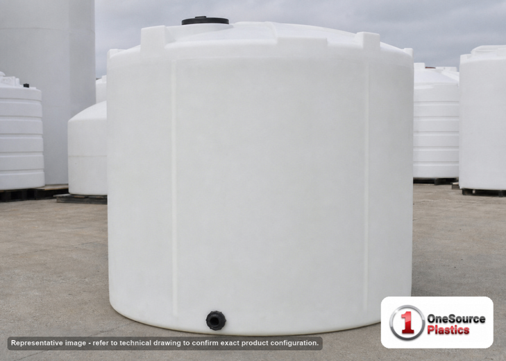 Snyder Industries 3650 Gallon Vertical Storage Tank. Polyethylene; Natural White; dimensions 126.0in H x 102.0in W x 102.0in L; 750.0 lb empty; 1.5 specific gravity rating; fittings: 1 Outlet , 1 Manway / Lid; max temp 120 deg  F / 48 deg  C; 3 Year Warranty. Manufacturer part number 8190000C37. Sold by OneSource Plastics (https://www.onesourceplastics.com).
