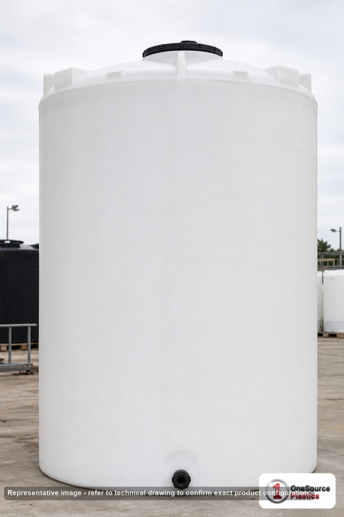 Snyder Industries 9800 Gallon Heavy Duty Vertical Storage Tank. Polyethylene; Natural White; dimensions 215.0in H x 120.0in W x 120.0in L; 2800.0 lb empty; 1.9 specific gravity rating; fittings: 1 Outlet , 1 Manway / Lid; max temp 120 deg  F / 48 deg  C; 3 Year Warranty. Manufacturer part number 7450000C26. Sold by OneSource Plastics (https://www.onesourceplastics.com).