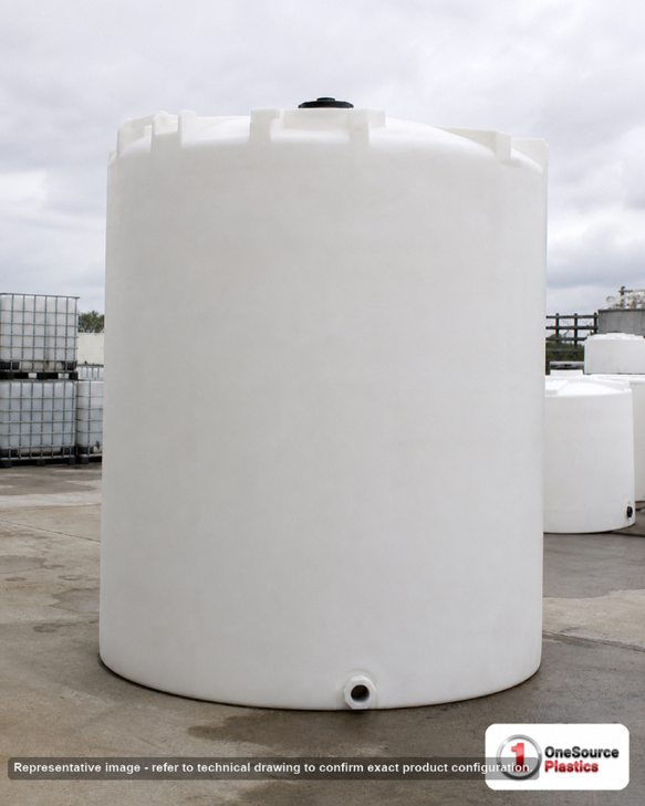 Snyder Industries 8900 Gallon Heavy Duty Vertical Storage Tank. Polyethylene; Natural White; dimensions 194.0in H x 120.0in W x 120.0in L; 1900.0 lb empty; 1.9 specific gravity rating; fittings: 1 Outlet , 1 Manway / Lid; max temp 120 deg  F / 48 deg  C; 3 Year Warranty. Manufacturer part number 7400000C26. Sold by OneSource Plastics (https://www.onesourceplastics.com).