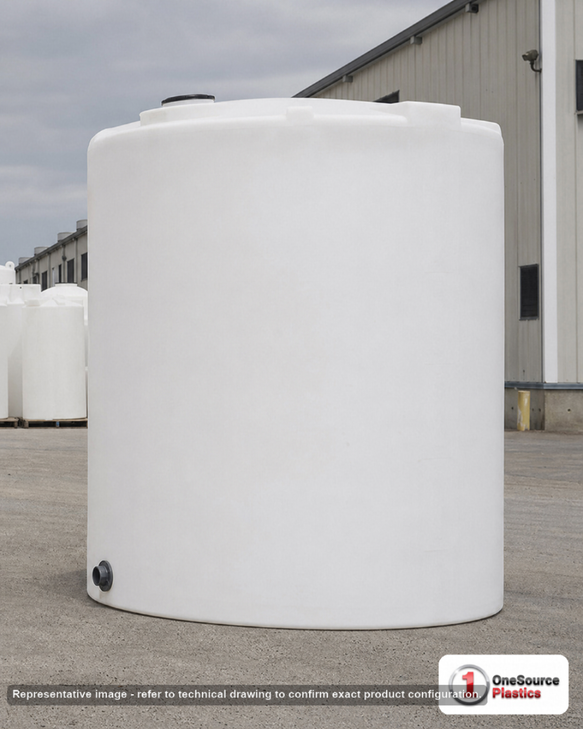Snyder Industries 6900 Gallon Heavy Duty Vertical Storage Tank. Polyethylene; Natural White; dimensions 153.0in H x 120.0in W x 120.0in L; 1300.0 lb empty; 1.9 specific gravity rating; fittings: 1 Outlet , 1 Manway / Lid; max temp 120 deg  F / 48 deg  C; 3 Year Warranty. Manufacturer part number 7140000C26. Sold by OneSource Plastics (https://www.onesourceplastics.com).