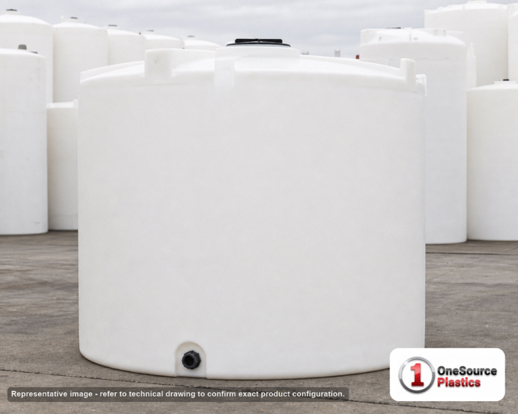 Snyder Industries 5000 Gallon Heavy Duty Vertical Storage Tank. Polyethylene; Natural White; dimensions 116.0in H x 120.0in W x 120.0in L; 650.0 lb empty; 1.9 specific gravity rating; fittings: 1 Outlet , 1 Manway / Lid; max temp 120 deg  F / 48 deg  C; 3 Year Warranty. Manufacturer part number 7000500C26. Sold by OneSource Plastics (https://www.onesourceplastics.com).
