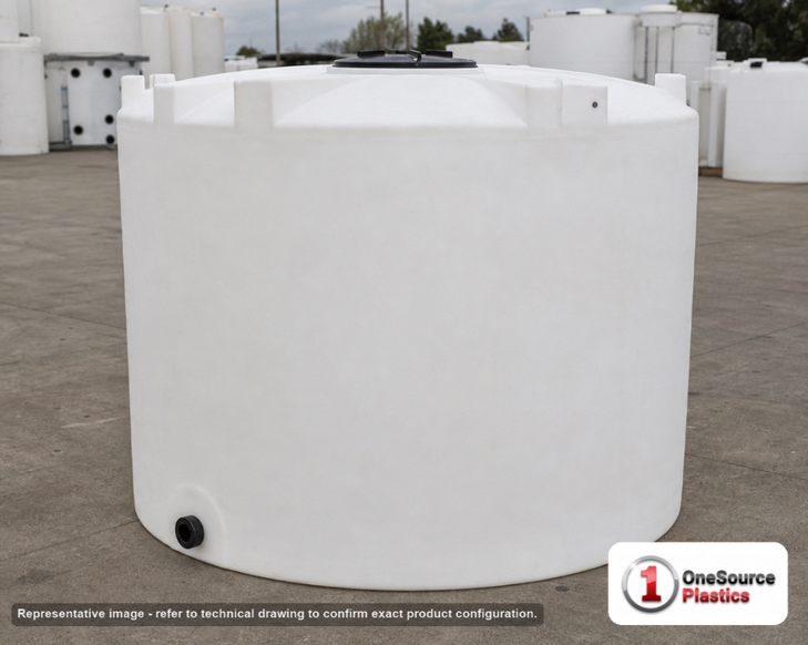 Snyder Industries 5000 Gallon Vertical Storage Tank. Polyethylene; Natural White; dimensions 116.0in H x 120.0in W x 120.0in L; 650.0 lb empty; 1.5 specific gravity rating; fittings: 1 Outlet , 1 Manway / Lid; max temp 120 deg  F / 48 deg  C; 3 Year Warranty. Manufacturer part number 7000500C37. Sold by OneSource Plastics (https://www.onesourceplastics.com).