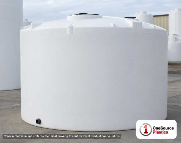 Snyder Industries 7650 Gallon Vertical Storage Tank. Polyethylene; Natural White; dimensions 122.0in H x 142.0in W x 142.0in L; 1400.0 lb empty; 1.5 specific gravity rating; fittings: 1 Outlet , 1 Manway / Lid; max temp 120 deg  F / 48 deg  C; 3 Year Warranty. Manufacturer part number 5300700C37. Sold by OneSource Plastics (https://www.onesourceplastics.com).