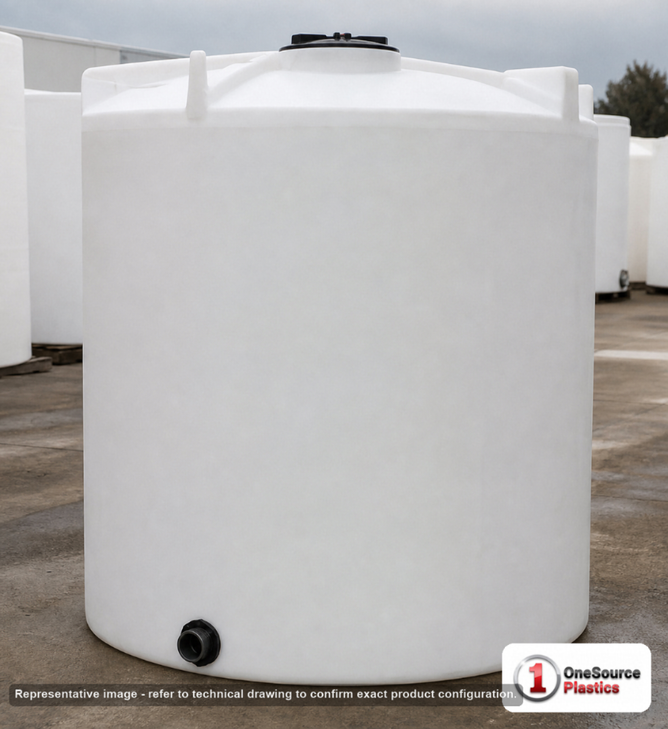 Snyder Industries 3000 Gallon Heavy Duty Vertical Storage Tank. Polyethylene; Natural White; dimensions 111.0in H x 96.0in W x 96.0in L; 600.0 lb empty; 1.9 specific gravity rating; fittings: 1 Outlet , 1 Manway / Lid; max temp 120 deg  F / 48 deg  C; 3 Year Warranty. Manufacturer part number 5130300C26. Sold by OneSource Plastics (https://www.onesourceplastics.com).