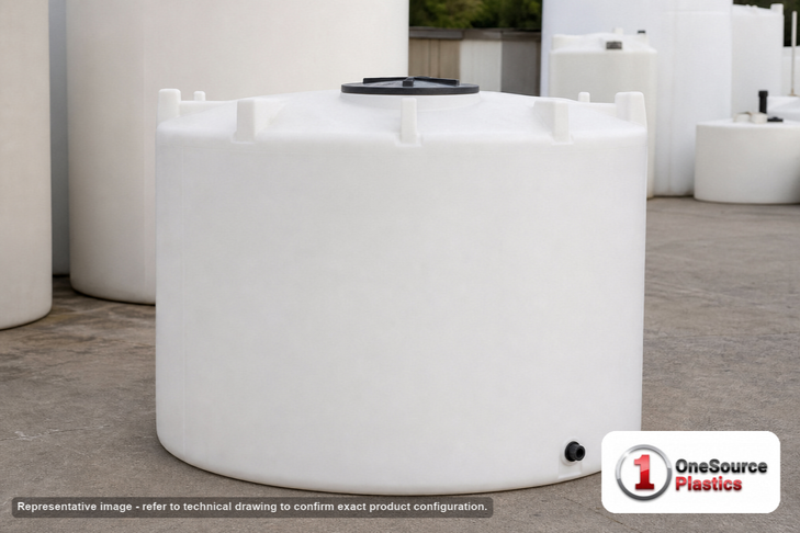 Snyder Industries 2000 Gallon Heavy Duty Vertical Storage Tank. Polyethylene; Natural White; dimensions 84.0in H x 96.0in W x 96.0in L; 420.0 lb empty; 1.9 specific gravity rating; fittings: 1 Outlet , 1 Manway / Lid; max temp 120 deg  F / 48 deg  C; 3 Year Warranty. Manufacturer part number 5050300C26. Sold by OneSource Plastics (https://www.onesourceplastics.com).