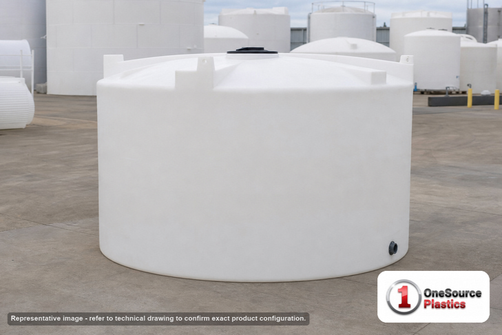 Snyder Industries 2000 Gallon Vertical Storage Tank. Polyethylene; Natural White; dimensions 84.0in H x 96.0in W x 96.0in L; 420.0 lb empty; 1.5 specific gravity rating; fittings: 1 Outlet , 1 Manway / Lid; max temp 120 deg  F / 48 deg  C; 3 Year Warranty. Manufacturer part number 5050300C37. Sold by OneSource Plastics (https://www.onesourceplastics.com).