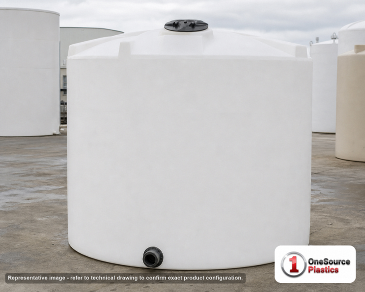 Snyder Industries 2000 Gallon Heavy Duty Vertical Storage Tank. Polyethylene; Natural White; dimensions 88.0in H x 90.0in W x 90.0in L; 340.0 lb empty; 1.9 specific gravity rating; fittings: 1 Outlet , 1 Manway / Lid; max temp 120 deg  F / 48 deg  C; 3 Year Warranty. Manufacturer part number 5050000C26. Sold by OneSource Plastics (https://www.onesourceplastics.com).