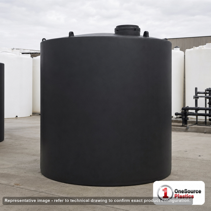 Norwesco 11000 Gallon Black Vertical Storage Tank. Polyethylene; Black; 167" H x 144" W x 144" L; fittings: 1 Outlet, 1