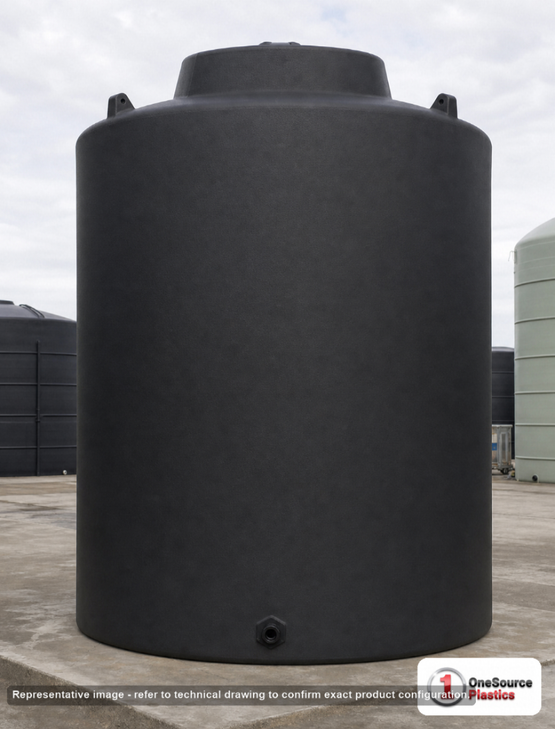 Norwesco 15500 Gallon Black Vertical Storage Tank. 15500 gallon capacity; Polyethylene; Black; 244" H x 141" W x 141" L