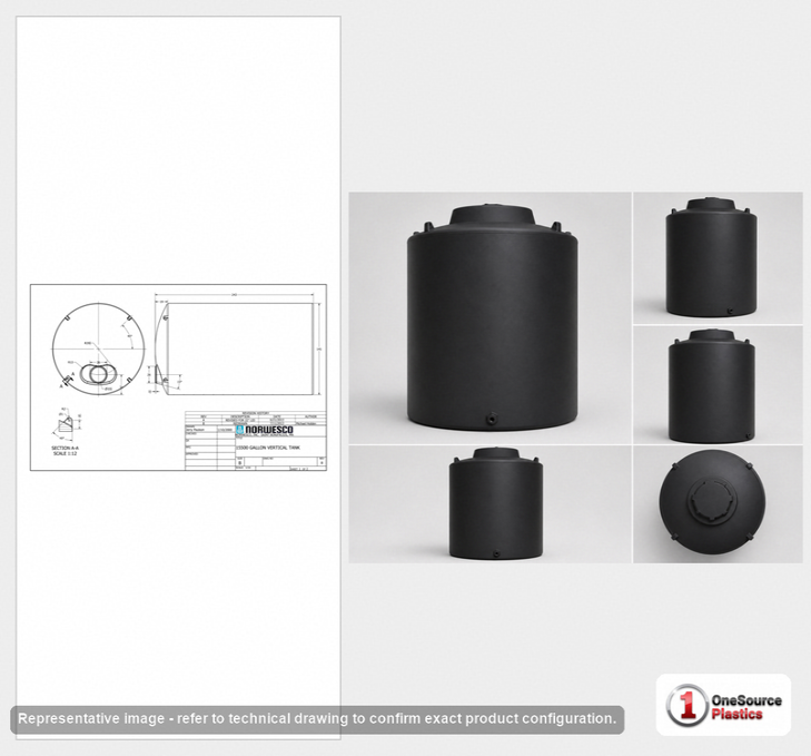 Dimensional spec drawing for Norwesco 15500 Gallon Vertical Storage Tank (141" L x 141" W x 244" H)