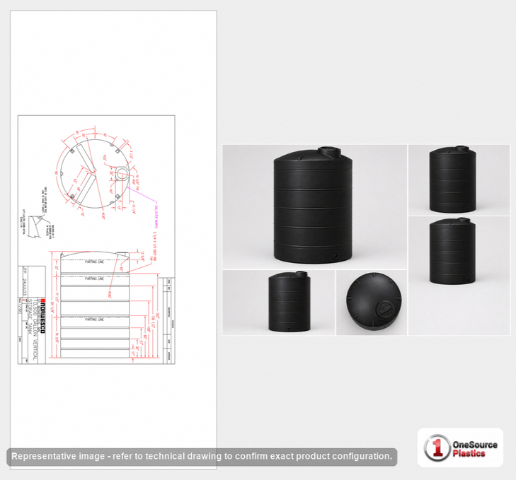 Dimensional spec drawing for Norwesco 10500 Gallon Vertical Storage Tank (130" L x 130" W x 202" H)