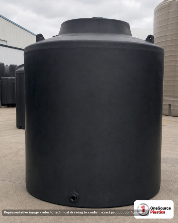 Norwesco 6500 Gallon Black Vertical Storage Tank. Polyethylene; Black; dimensions 147.0in H x 120.0in W x 120.0in L; 1346.0 lb empty; 1.5 specific gravity rating; fittings: 1 Outlet , 1 Manway / Lid; max temp 120 deg  F / 48 deg  C; 3 Year Warranty. Manufacturer part number 42411. Sold by OneSource Plastics (https://www.onesourceplastics.com).