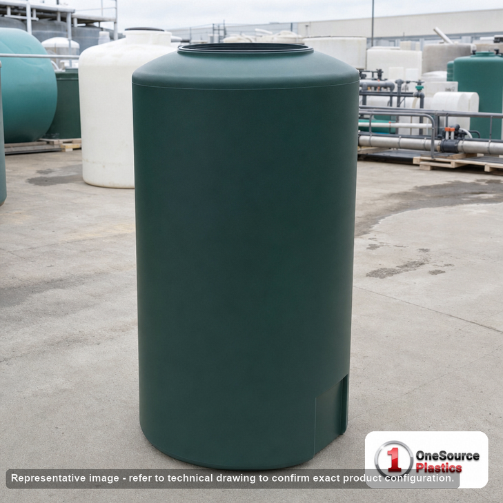 Norwesco 165 Gallon Dark Green Vertical Water Storage Tank. 165 gallon capacity; Polyethylene; Dark Green; dimensions 56.0in H x 31.0in W x 31.0in L; 48.0 lb empty; 1.0 specific gravity rating; fittings: 1 Outlet , 1 Manway / Lid; max temp 120 deg  F / 48 deg  C; 3 Year Warranty. Manufacturer part number 43866. Manufactured by Norwesco. Sold by OneSource Plastics (https://www.onesourceplastics.com).