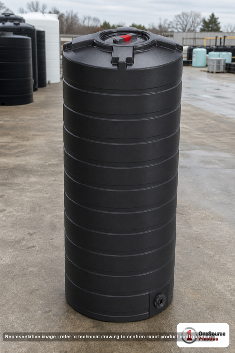 Enduraplas 200 Gallon Black Vertical Water Storage Tank. Polyethylene; Black; dimensions 79.0in H x 30.0in W x 30.0in L; 55.0 lb empty; 1.1 specific gravity rating; fittings: 1 Outlet , 1 Manway / Lid; max temp 120 deg  F / 48 deg  C; 10 Year Warranty with Activation. Manufacturer part number TLV00200B. Sold by OneSource Plastics (https://www.onesourceplastics.com).