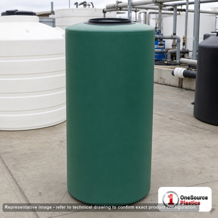 Norwesco 165 Gallon Green (California Only) Vertical Water Storage Tank. 165 gallon capacity; Polyethylene; Green (California Only); dimensions 56.0in H x 31.0in W x 31.0in L; 48.0 lb empty; 1.0 specific gravity rating; fittings: 1 Outlet , 1 Manway / Lid; max temp 120 deg  F / 48 deg  C; 3 Year Warranty. Manufacturer part number 43868. Manufactured by Norwesco. Sold by OneSource Plastics (https://www.onesourceplastics.com).