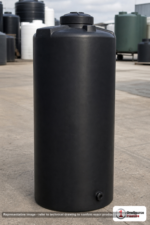 Chem-Tainer 160 Gallon Black Vertical Water Storage Tank. Polyethylene; Black; 66" H x 28" W x 28" L; fittings: 1 Outlet, 1