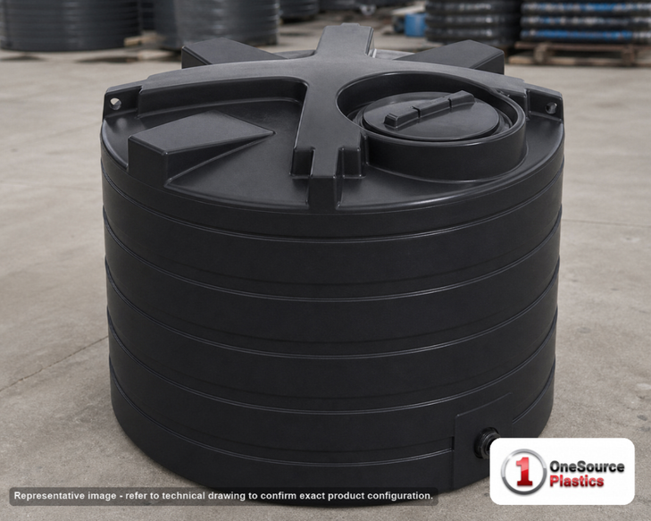Enduraplas 550 Gallon Black Vertical Water Storage Tank. Polyethylene; Black; dimensions 52.0in H x 60.0in W x 60.0in L; 129.0 lb empty; 1.1 specific gravity rating; fittings: 1 Outlet , 1 Manway / Lid; max temp 120 deg  F / 48 deg  C; 10 Year Warranty with Activation. Manufacturer part number TLV00550B. Sold by OneSource Plastics (https://www.onesourceplastics.com).