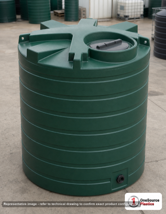 Enduraplas 870 Gallon Dark Green Vertical Water Storage Tank. Polyethylene; Dark Green; dimensions 78.0in H x 60.0in W x 60.0in L; 171.0 lb empty; 1.1 specific gravity rating; fittings: 1 Outlet , 1 Manway / Lid; max temp 120 deg  F / 48 deg  C; 10 Year Warranty with Activation. Manufacturer part number TLV00870DG. Sold by OneSource Plastics (https://www.onesourceplastics.com).