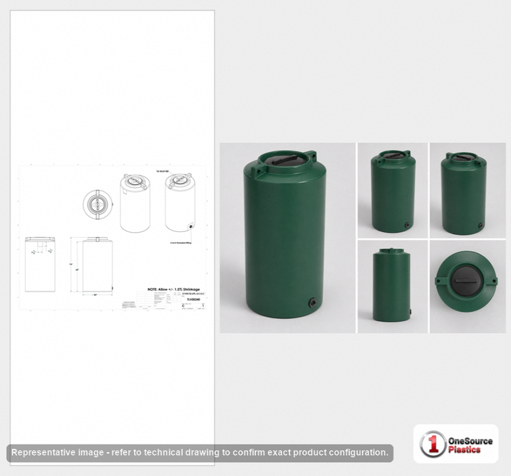 Dimensional spec drawing for Enduraplas 340 Gallon Vertical Water Tank (40" L x 40" W x 74" H)