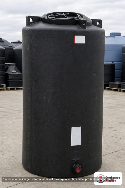 Enduraplas 340 Gallon Black Vertical Water Storage Tank. Polyethylene; Black; dimensions 74.0in H x 40.0in W x 40.0in L; 75.0 lb empty; 1.1 specific gravity rating; fittings: 1 Outlet , 1 Manway / Lid; max temp 120 deg  F / 48 deg  C; 10 Year Warranty with Activation. Manufacturer part number TLV00340B. Sold by OneSource Plastics (https://www.onesourceplastics.com).
