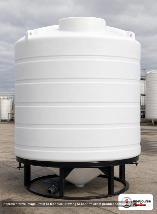 Enduraplas 2000 Gallon White Cone Bottom Tank. Polyethylene; Natural White; fittings: 1 Outlet, 1 Manway / Lid; 10 Year