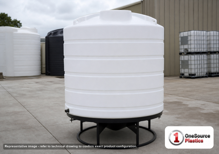 Enduraplas 550 Gallon White Cone Bottom Tank. Polyethylene; Natural White; dimensions 59.0in H x 60.0in W x 60.0in L; 150.0 lb empty; 1.9 specific gravity rating; fittings: 1 Outlet , 1 Manway / Lid; 10 Year Warranty with Activation. Manufacturer part number THC00550W. Sold by OneSource Plastics (https://www.onesourceplastics.com).