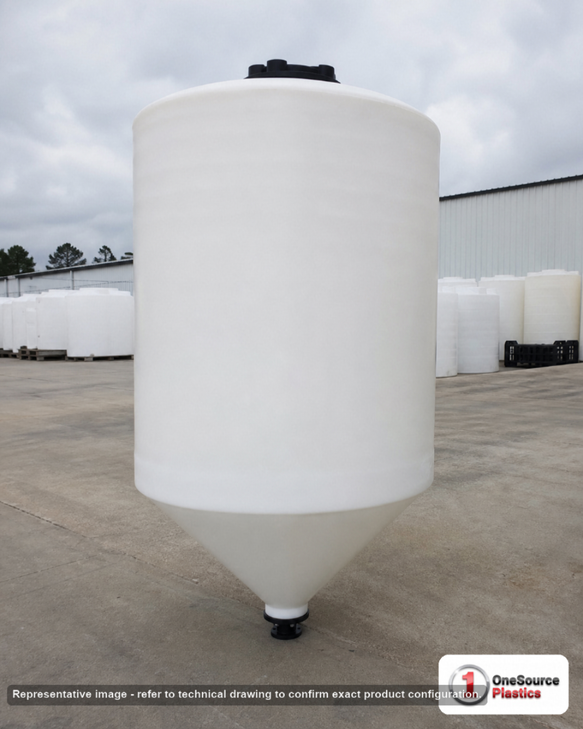 Enduraplas 870 Gallon White Cone Bottom Tank. Polyethylene; Natural White; 85" H x 60" W x 60" L; fittings: 1 Outlet, 1