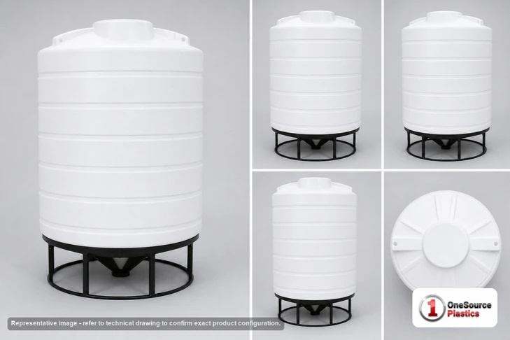 Dimensional spec drawing for Enduraplas 3000 Gallon Cone Bottom Tank (90" L x 90" W x 136" H)