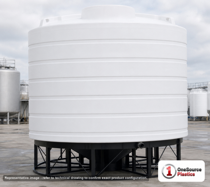 Enduraplas 7011 Gallon White Cone Bottom Tank. Polyethylene; Natural White; dimensions 141.0in H x 144.0in W x 144.0in L; 1600.0 lb empty; 1.9 specific gravity rating; fittings: 1 Outlet , 1 Manway / Lid; 10 Year Warranty with Activation. Manufacturer part number THC07011W. Sold by OneSource Plastics (https://www.onesourceplastics.com).