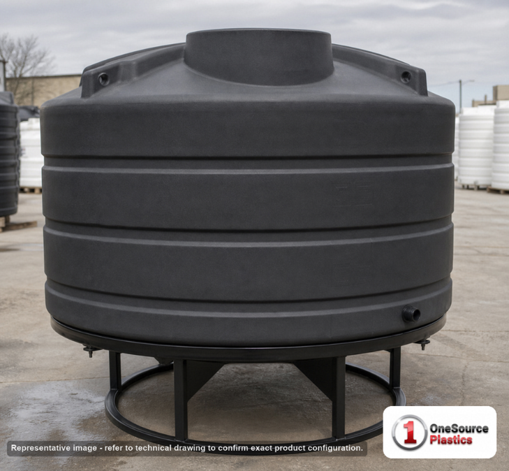Enduraplas 1200 Gallon Black Cone Bottom Tank. Polyethylene; Black; dimensions 73.0in H x 90.0in W x 90.0in L; 250.0 lb empty; 1.9 specific gravity rating; fittings: 1 Outlet , 1 Manway / Lid; 10 Year Warranty with Activation. Manufacturer part number THC01200B. Sold by OneSource Plastics (https://www.onesourceplastics.com).