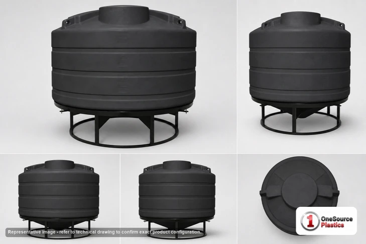 Dimensional spec drawing for Enduraplas 1600 Gallon Cone Bottom Tank (90" L x 90" W x 86" H)