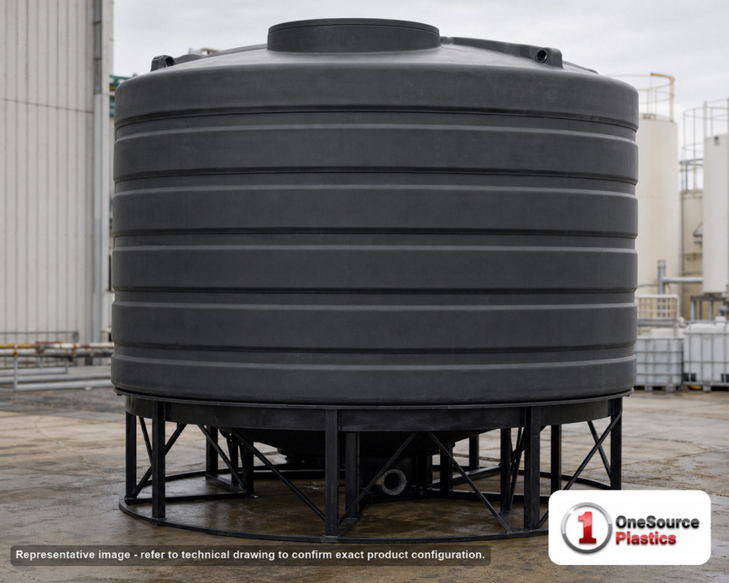 Enduraplas 6011 Gallon Black Cone Bottom Tank. Polyethylene; Black; dimensions 125.0in H x 144.0in W x 144.0in L; 1300.0 lb empty; 1.9 specific gravity rating; fittings: 1 Outlet , 1 Manway / Lid; 10 Year Warranty with Activation. Manufacturer part number THC06011B. Sold by OneSource Plastics (https://www.onesourceplastics.com).