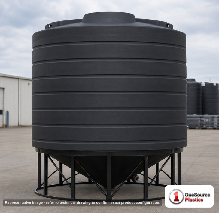 Enduraplas 7011 Gallon Black Cone Bottom Tank. Polyethylene; Black; 141" H x 144" W x 144" L; fittings: 1 Outlet, 1 Manway /